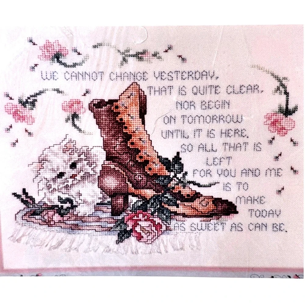 Janlynn Persian Kitten Victorian Shoe Sweet Poem Cross Stitch Kit Vtg 80s NEW